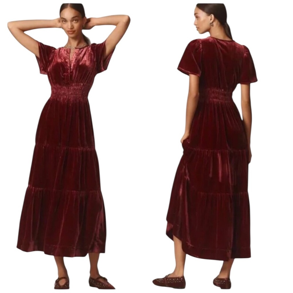 Anthropologie Velvet Maxi Dress in Rich Burgundy